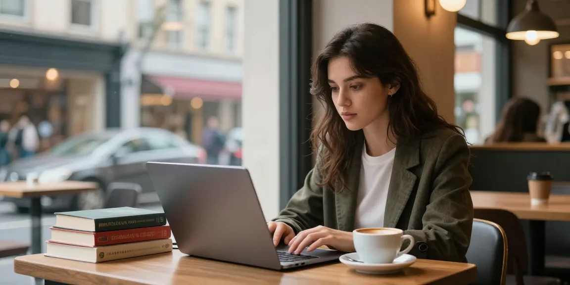 Gái gọi trong không gian quán cà phê ấm cúng, laptop và sách xung quanh.