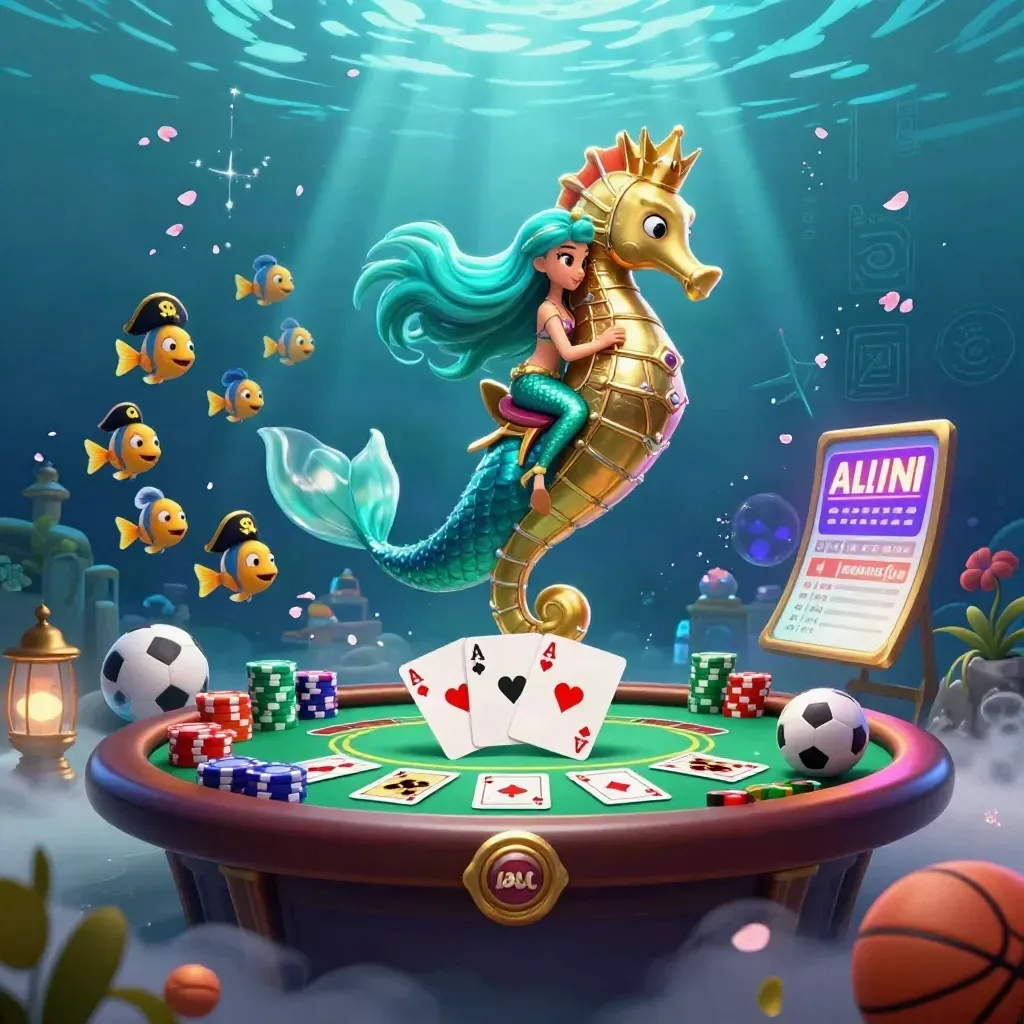 Mermaid princess on armored seahorse amid casino chips, cards, and fish in underwater neon glow.