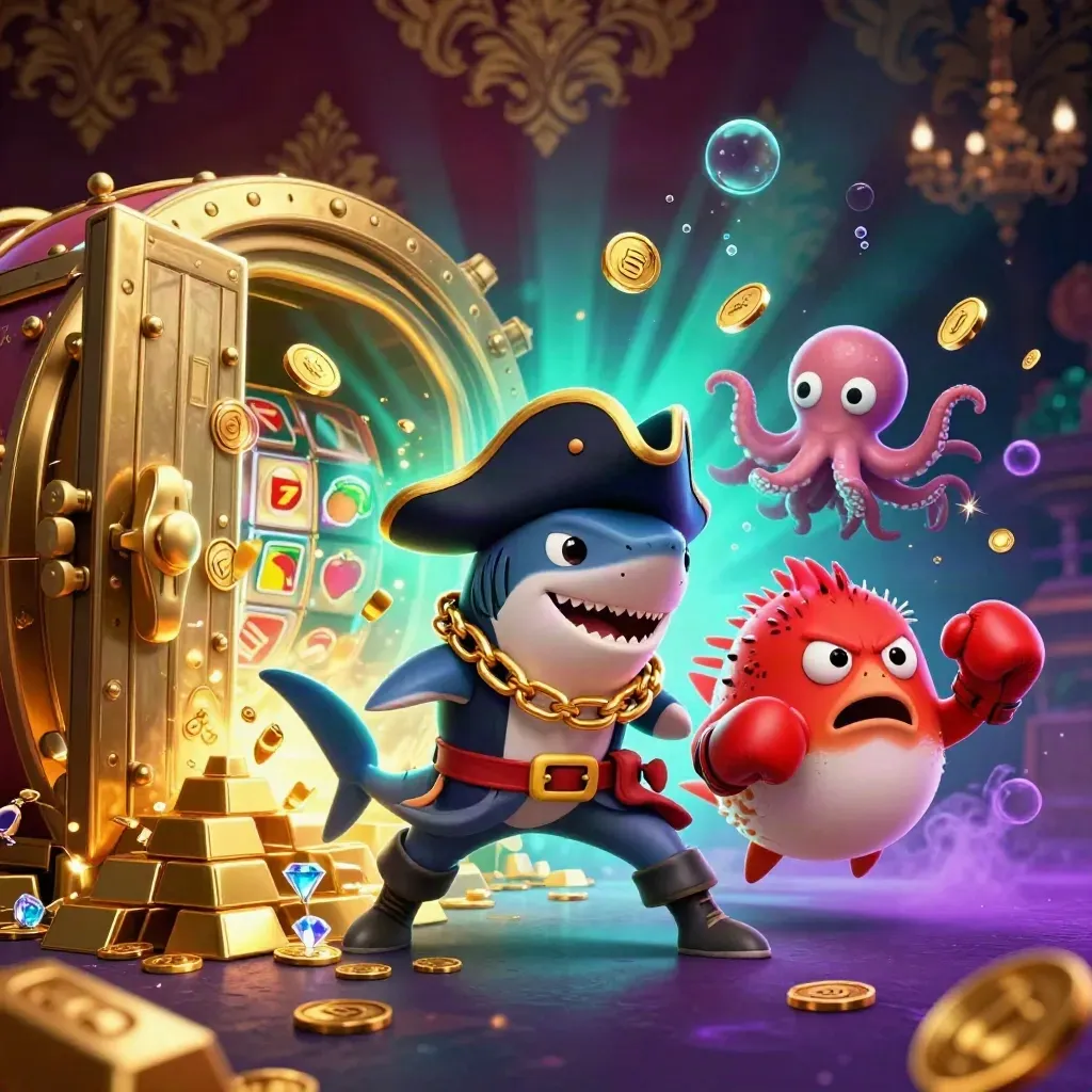 Shark captain, boxing pufferfish and coin-juggling octopus burst from a gold vault amid neon treasure.