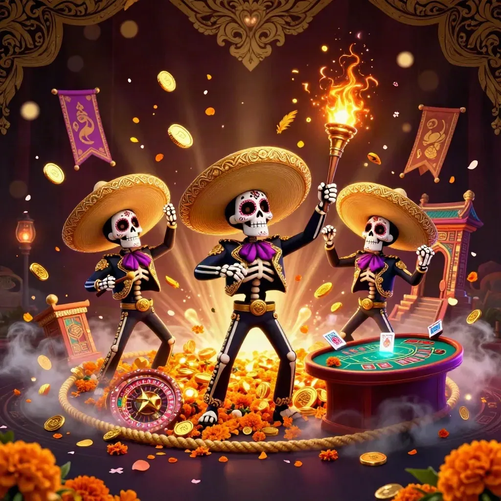 Skeleton mariachi trio amid coins, fireworks, casino icons, and luxe dark damask glow.